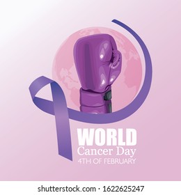 world cancer day poster with glove boxing and ribbon vector illustration design