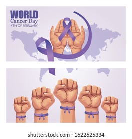 world cancer day poster with hands and ribbon vector illustration design