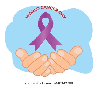 world cancer day poster with hands hold purple ribbon respect to world cancer day