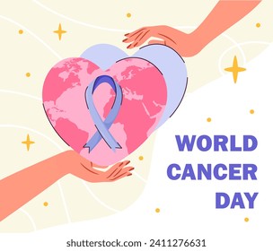 World cancer day poster. International holiday and festival of awareness. Hands with heart and blue ribbon. Health care and treatment, prevention of disease. Cartoon flat vector illustration