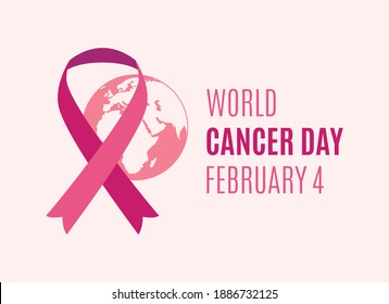 World Cancer Day Poster with pink ribbon and planet earth vector. Pink ribbon against cancer vector. Cancer Day, February 4. Important day