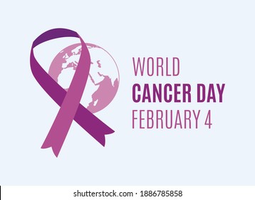 World Cancer Day Poster with purple ribbon and planet earth vector. Purple ribbon against cancer vector. Cancer Day, February 4. Important day