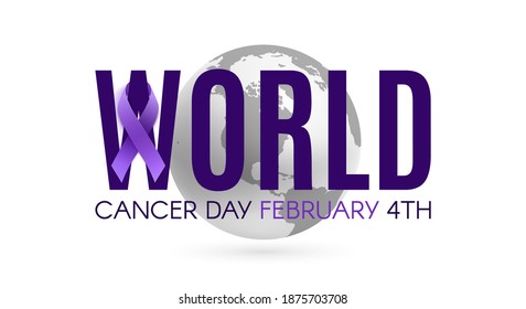 World cancer day poster template with purple ribbon and earth icon isolated on white background. Vector illustration.