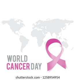 World cancer day poster,world map and pink ribbon banner illustration template