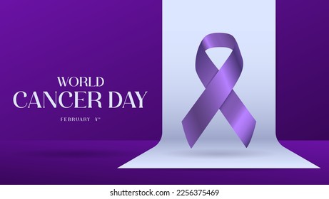 World Cancer Day. With Purple Background. Illustration of Purple Gradient Ribbon and White Cloth. Congratulations on World Cancer Day on February 4th. Suitable for banners, posters, social media etc