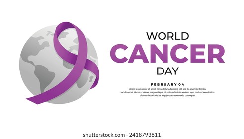 World cancer day. Purple gradient ribbon with earth globe  illustration. Celebrate world Cancer Day on february 4th. for banner, logo, sign, poster, wallpaper, social media etc