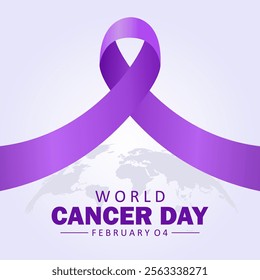 World Cancer Day. Purple gradient ribbon illustration with a world map background. Celebrate World Cancer Day on February 4th. Suitable for banners, posters, social media, and other awareness campaign