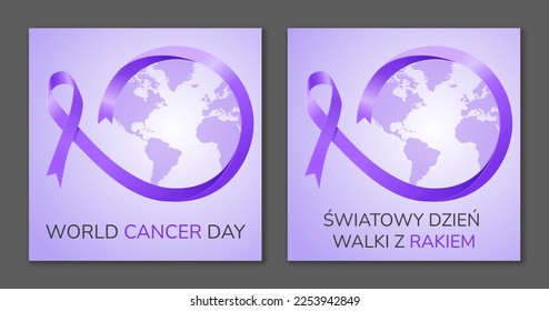 World Cancer Day. Purple ribbon. Polish and english.