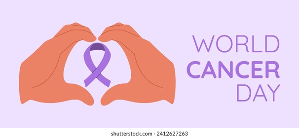 World cancer day. Purple ribbon and hand heart gesture. Raising awareness about cancer, drawing attention to the prevention, detection and treatment of cancer.