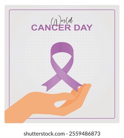 World Cancer Day with purple ribbon. Symbolizes awareness and support in the fight against cancer. World Cancer Day concept. Flat vector illustration.
