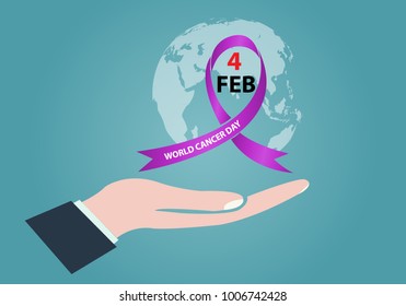 World Cancer Day with ribbon. February 4 / lavender purple colour symbolic ribbons for raising awareness of all kind tumors supporting people living. / illness. Vector illustration.