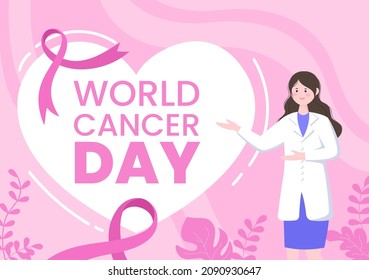 World Cancer Day with Ribbon Flat Vector Illustration. Inform the Public About Disease Awareness on February 4th Through Campaign Background or Poster