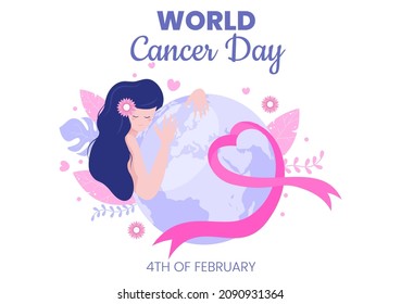 World Cancer Day with Ribbon Flat Vector Illustration. Inform the Public About Disease Awareness on February 4th Through Campaign Background or Poster
