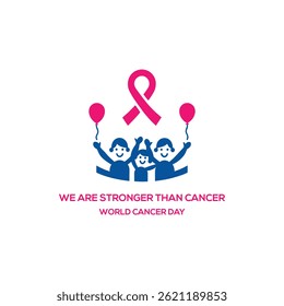 World Cancer Day Ribbon and People Illustration – We Are Stronger Than Cancer Concept

