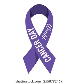 World Cancer Day Ribbon template design isolated transparent background. Template of Cancer Day symbol. Flat purple Ribbon with typography. Vector illustration. EPS 10