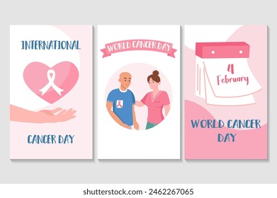 World cancer day set of posters in flat cartoon design. This adorable cartoon design features three posters decorated with various World Cancer Day elements. Vector illustration.