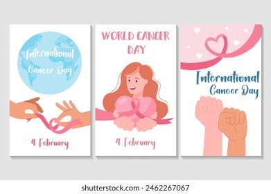 World cancer day set of posters in flat cartoon design. Illustration of three posters, each filled with elements of World Cancer Day, such as the pink ribbon and people's unity. Vector illustration.
