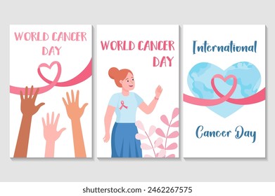 World cancer day set of posters in flat cartoon design. This illustration features three posters that perfectly match each other, decorated with pink ribbons. Vector illustration.