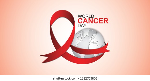 World Cancer Day sign poster with red ribbon and monochrome earth. Vector illustration.