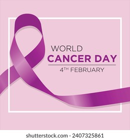 World Cancer Day square Poster with purple ribbon on pink background. Purple ribbon against cancer icon. Cancer awarenes day, Used for banners, posters, social networks. February 4th. Vector eps print