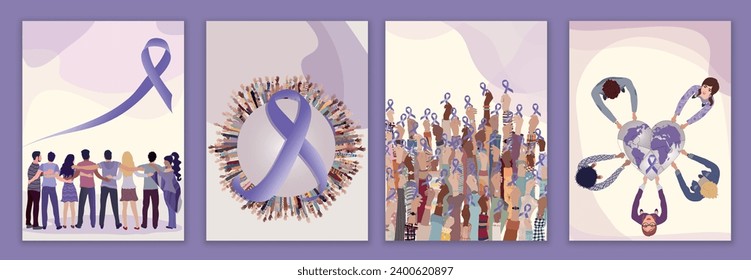 World cancer day. Cancer survivor. Template with people hugging and raised hands holding a purple ribbon. People in a circle around the heart-shaped e