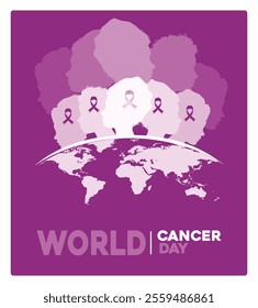 World Cancer Day symbol with an awareness ribbon and silhouette against a global map background. Symbolizes the fight against cancer. World Cancer Day concept. Flat vector illustration. 