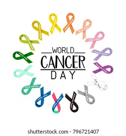 World cancer day text. colorful awareness ribbons isolated over white background. 