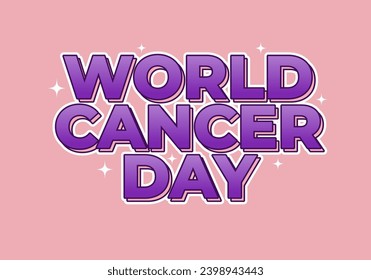 Día mundial del cáncer. Diseño de efecto de texto en 3D en color rosa morado