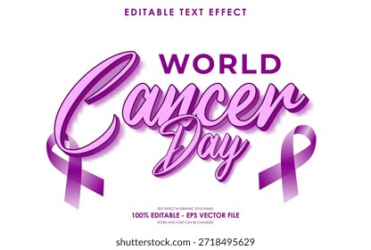 Efecto de texto del Día Mundial contra el Cáncer con cinta púrpura, efecto de texto editable, 100% editable