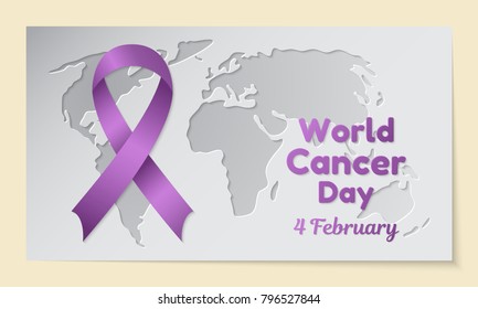 World Cancer Day theme. Postcard or banner with a map cut out in paper, a purple ribbon and reminding an inscription. The date of the event is 4 February. Vector illustration.