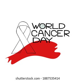 World Cancer Day, Themed inscription with a silhouette of the planet in the letter o, a ribbon outline and a red spot vector illustration