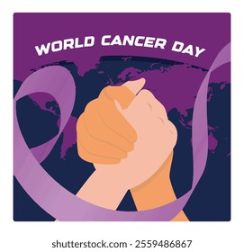 World Cancer Day with two hands holding each other and a purple ribbon. Symbolizes unity, support, and awareness in the fight against cancer. World Cancer Day concept. Flat vector illustration. 