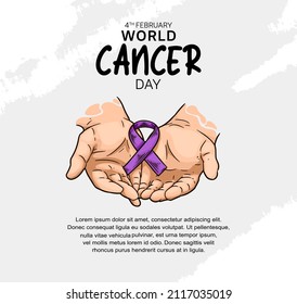 Diseño de vectores en el Día Mundial del Cáncer con la mano sujetando la ilustración de la cinta para la campaña y el afiche