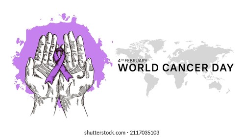 World  Cancer Day Vector Design with hand holding ribbon for campaign and poster