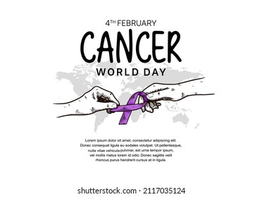 Diseño de vectores en el Día Mundial del Cáncer con la mano dando una ilustración de la cinta para la campaña y el afiche