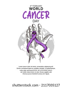 World  Cancer Day Vector Design with hand holding ribbon for campaign and poster