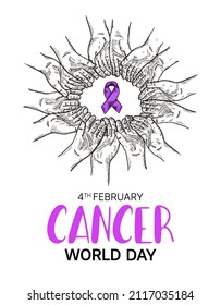 World  Cancer Day Vector Design with hand holding and ribbon illustration for campaign and poster