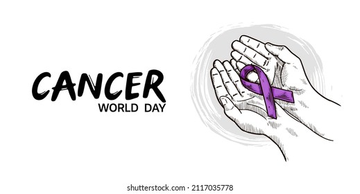 World  Cancer Day Vector Design with hand holding ribbon illustration for campaign and poster