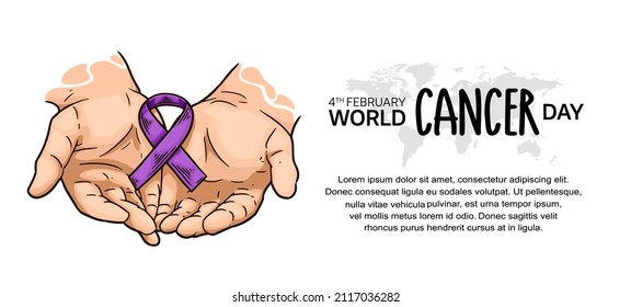 World  Cancer Day Vector Design with hand holding ribbon illustration for campaign and poster