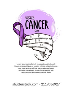 World  Cancer Day Vector Design with hand holding ribbon illustration for campaign and poster