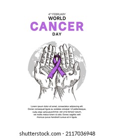 World  Cancer Day Vector Design with hand holding ribbon for campaign and poster