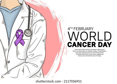 Diseño de vectores en el Día Mundial del Cáncer con un médico usando una ilustración de cinta para campaña y afiche