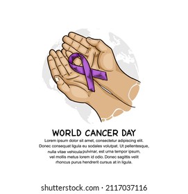 World  Cancer Day Vector Design with hand holding ribbon illustration for campaign and poster