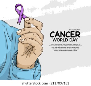 World  Cancer Day Vector Design with hand holding ribbon illustration for campaign and poster