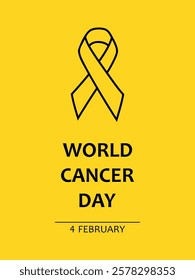 World Cancer Day, vector design for poster, sign or banner. Text World Cancer Day, 4 february and ribbon isolated on yellow background.