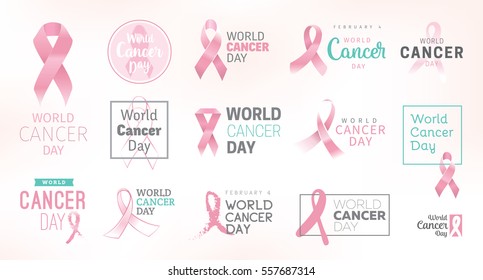 World cancer day, vector design. Typography with pink ribbon. 4 february. Set of emblems.