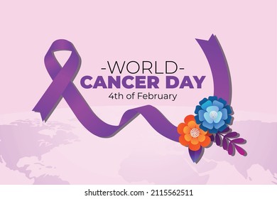 Ilustración del Vector del Día Mundial del Cáncer con cintas de sensibilización y flores en el mapa mundial