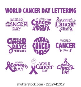 World Cancer Day Vector Illustration Set with purple Color Ribbon. Cancer Awareness Poster Banner Template Background Design