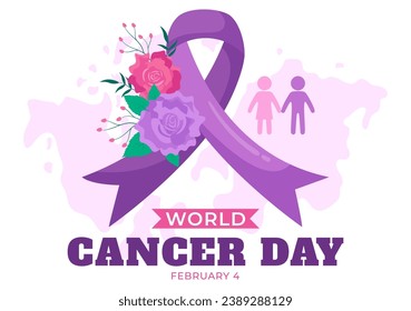 World Cancer Day Vector Illustration on February 4 with Ribbon to Raise Awareness of Cancer and Female Healthcare in Flat Cartoon Background