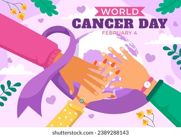 World Cancer Day Vector Illustration on February 4 with Ribbon to Raise Awareness of Cancer and Female Healthcare in Flat Cartoon Background